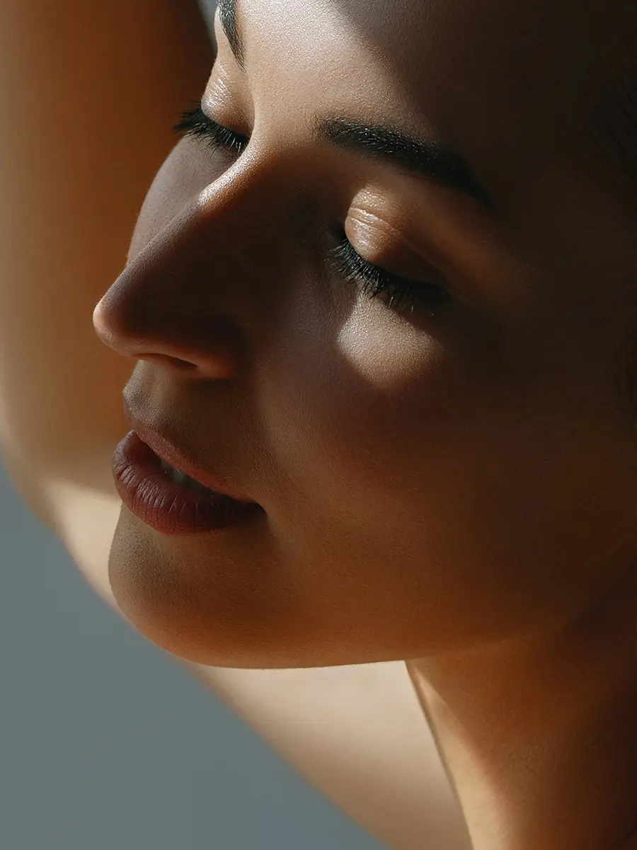 up close of a woman's face in harsh light