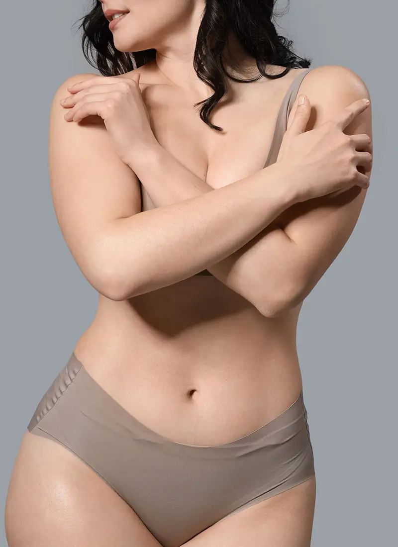 curvy woman in gray underwear